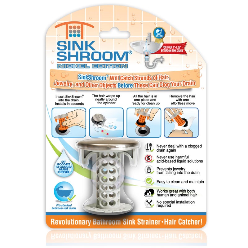 SinkShroom Revolutionary Bathroom Sink Drain Protector Hair Catcher, Strainer, Snare, Nickel Edition - Image 1